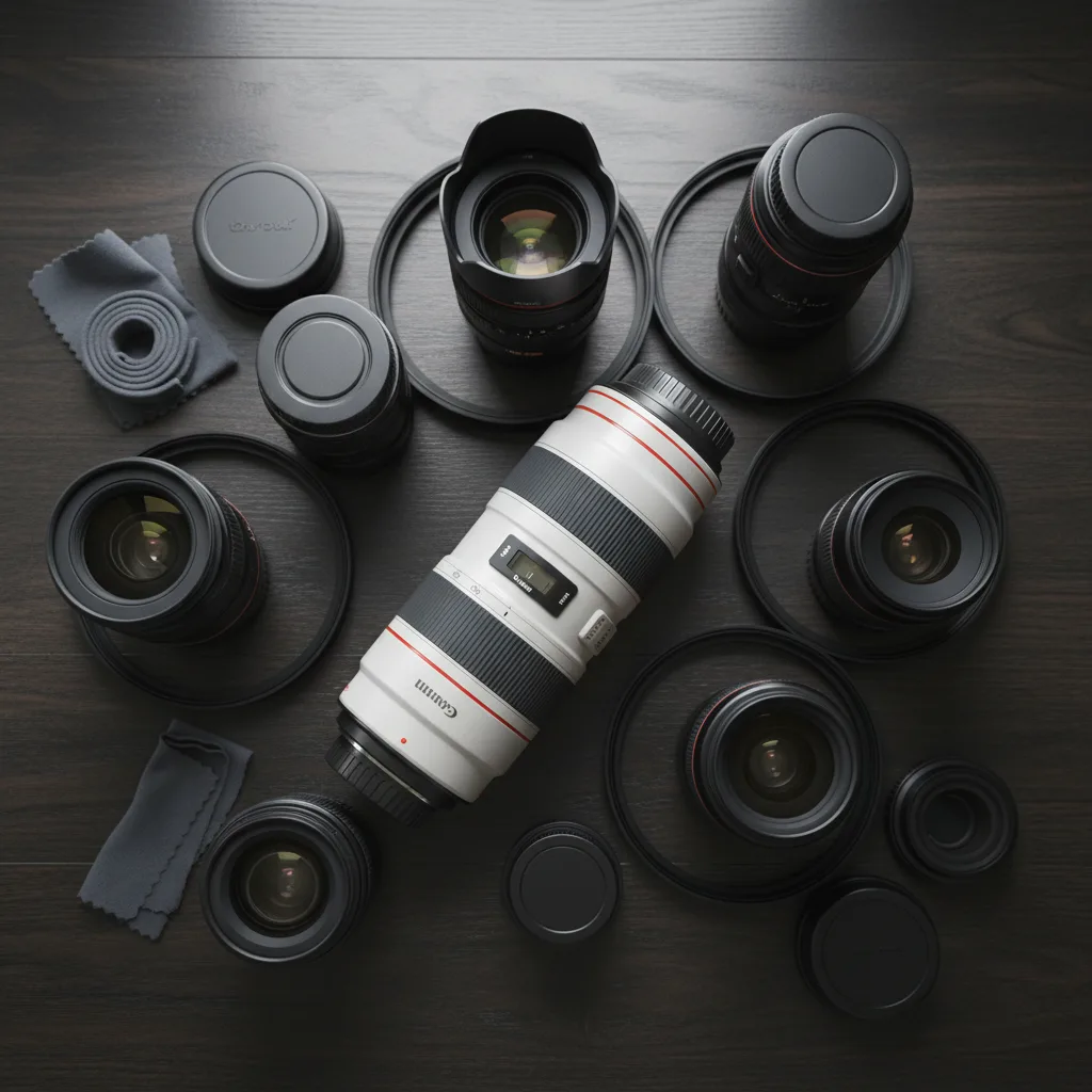 Collection of professional camera lenses for photography