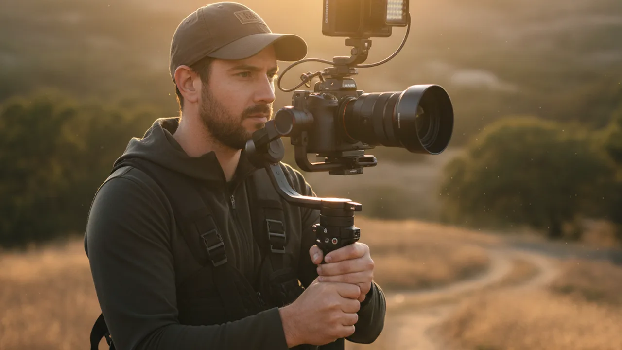 Professional videographer filming with mirrorless camera on gimbal