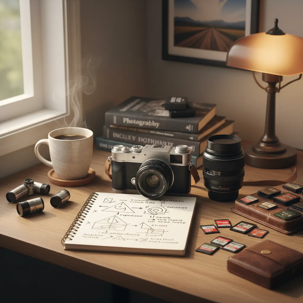 Photography learning materials and camera equipment on desk