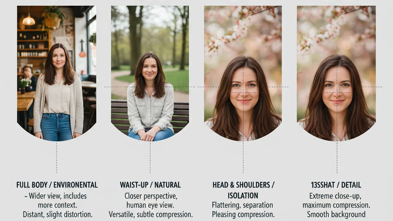 Focal length comparison for portrait photography showing 35mm 50mm 85mm 135mm perspective differences