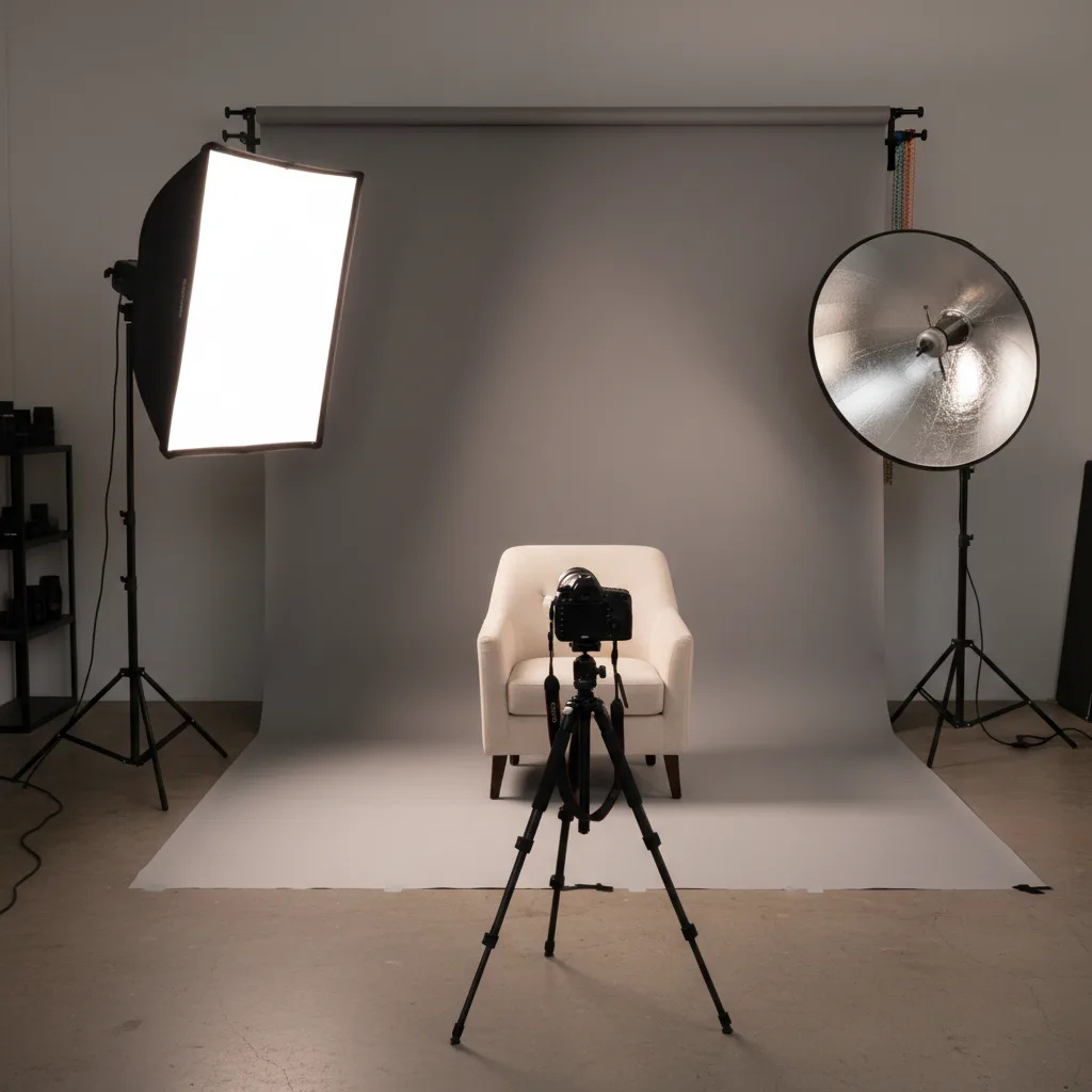 Professional portrait photography studio with lighting equipment