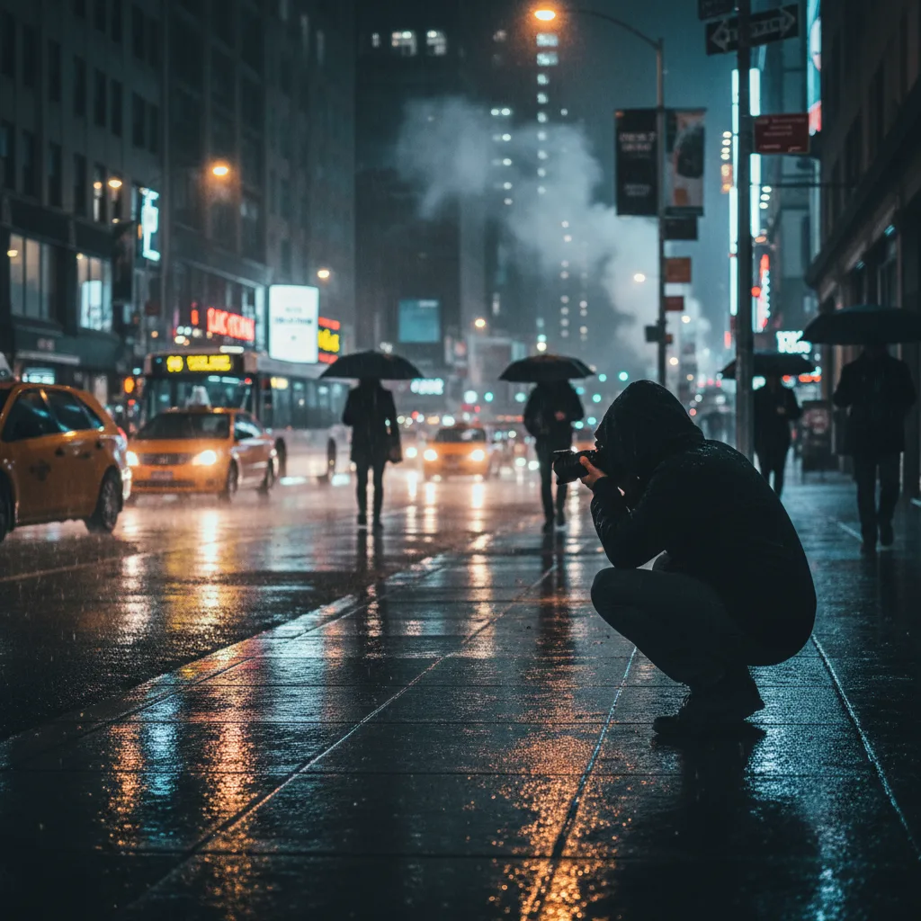 Street photographer capturing urban nightlife