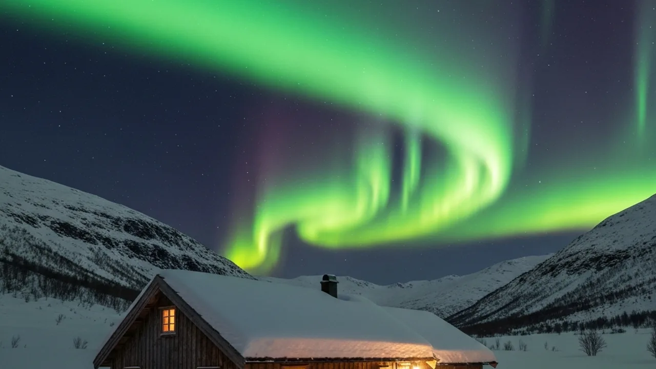 Northern lights over snowy mountain cabin with foreground interest composition