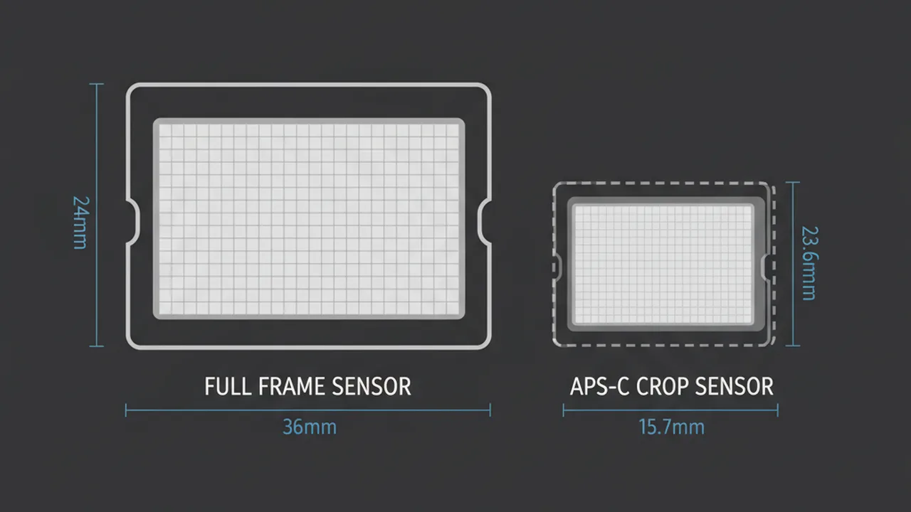Camera sensor size comparison diagram showing full frame vs APS-C crop sensor dimensions