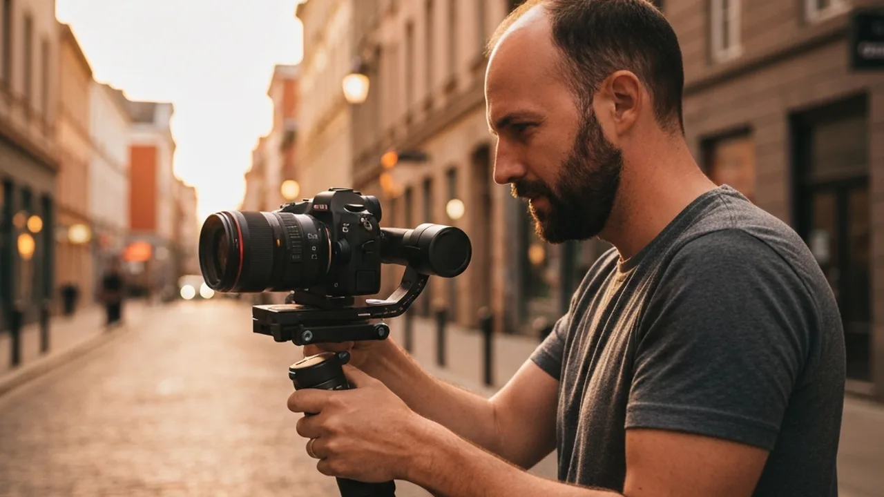 Filmmaker using mirrorless camera on gimbal stabilizer for video recording