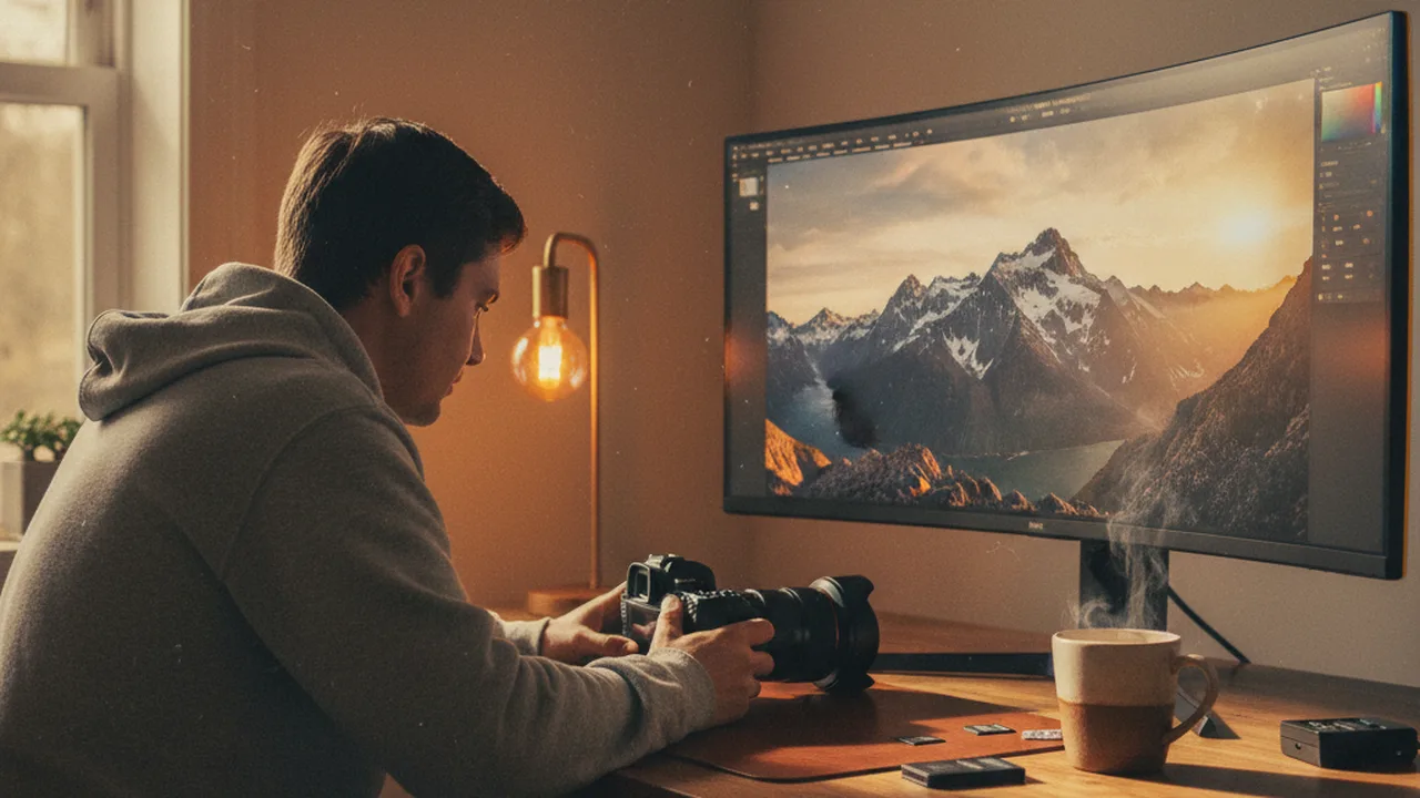 Photographer editing RAW photos on a monitor with Lightroom showing landscape adjustments