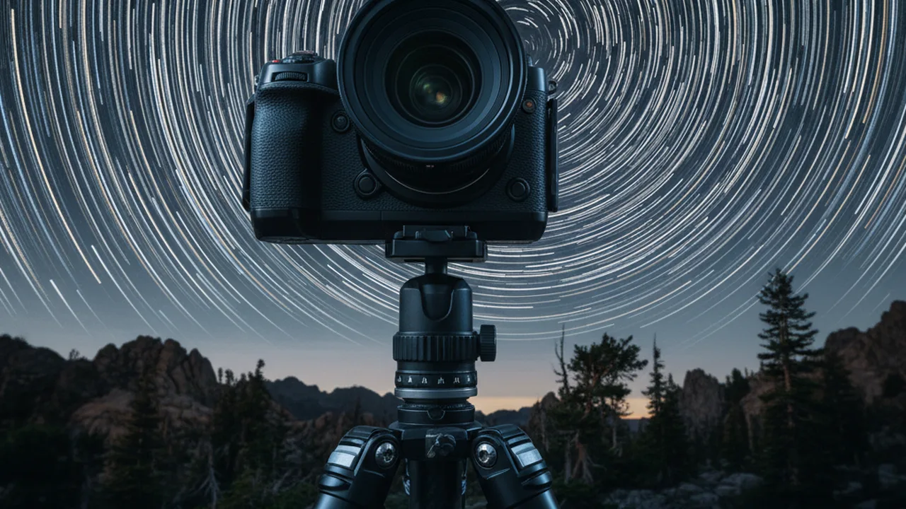 Camera on tripod at night for long exposure star trail photography