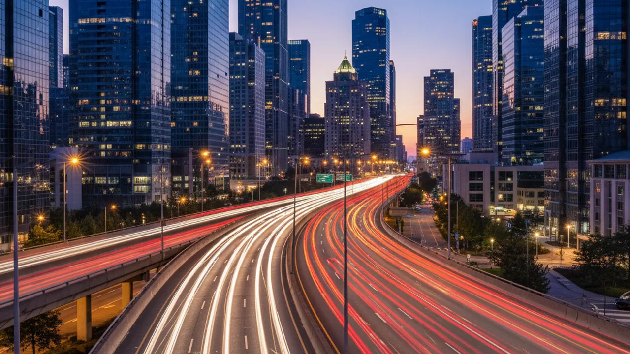 Long exposure light trails from cars on city highway at dusk
