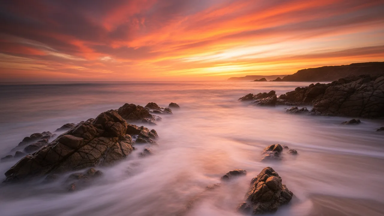 Long exposure seascape at sunset with silky smooth water and dramatic clouds