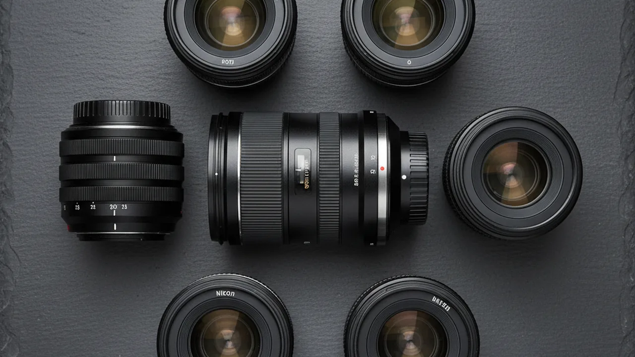 Best macro lenses for close-up photography arranged on dark slate background