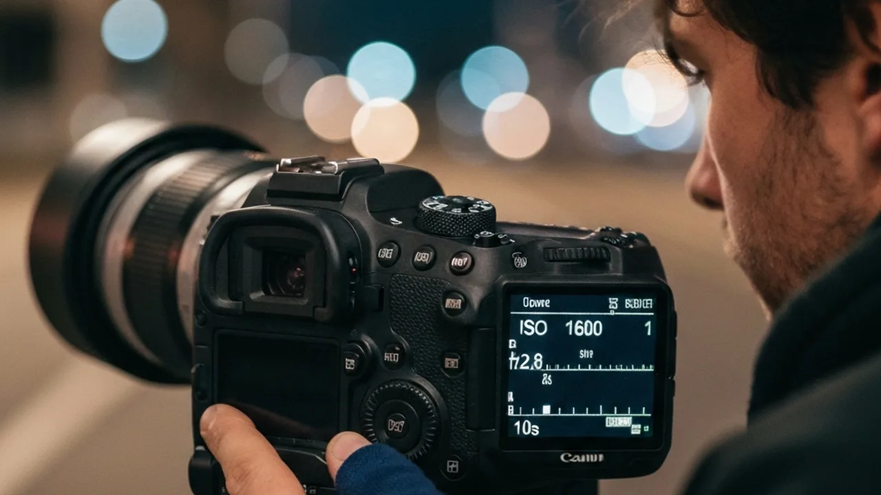 Camera on tripod with manual settings for aurora photography at night