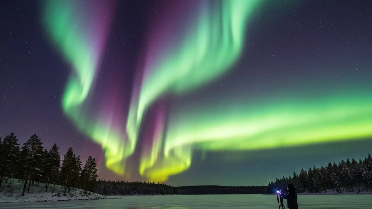 Photographer capturing northern lights aurora borealis over frozen lake with tripod
