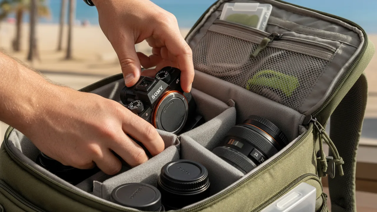 Packing camera gear into a padded travel bag with organized compartments