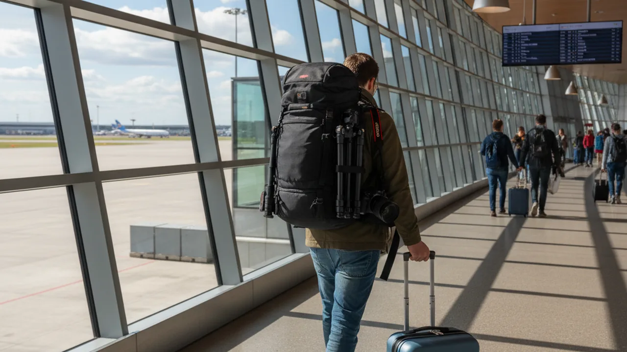 Travel photographer carrying camera backpack through an airport terminal
