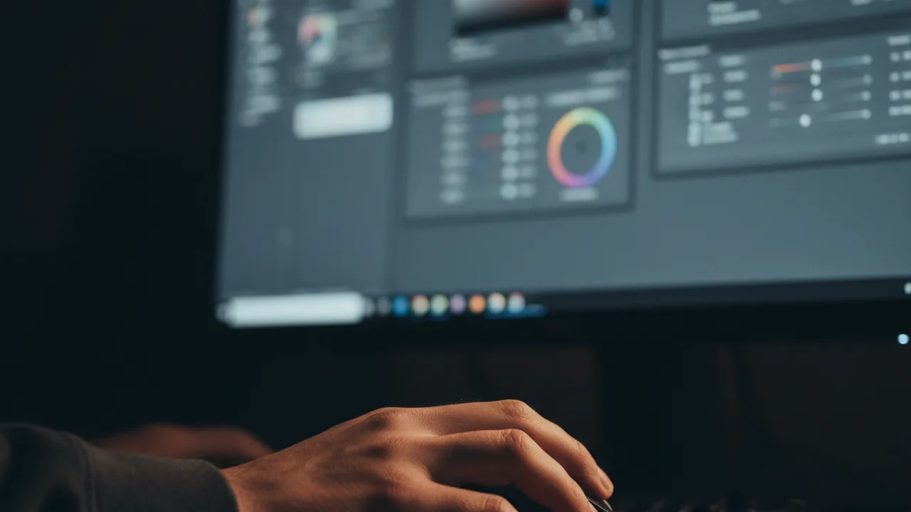Photographer adjusting color sliders in photo editing software on a professional monitor