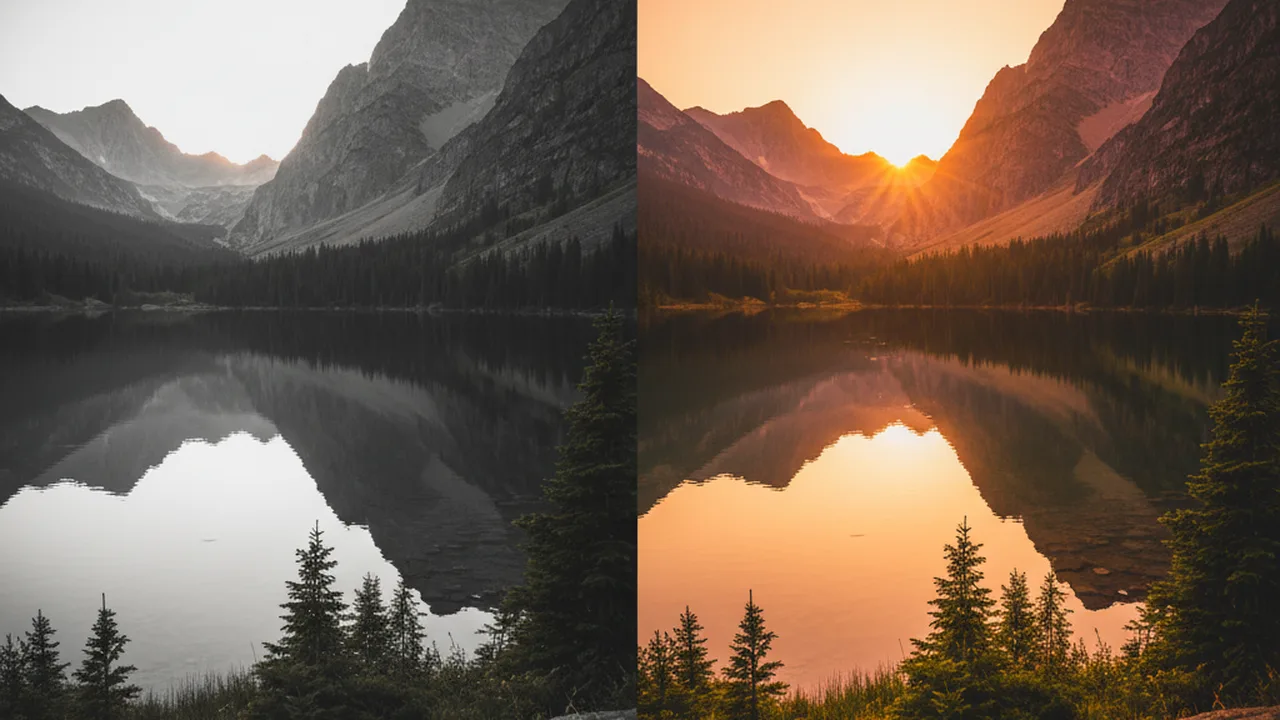 Before and after comparison of a RAW landscape photo showing flat unedited vs fully color corrected version