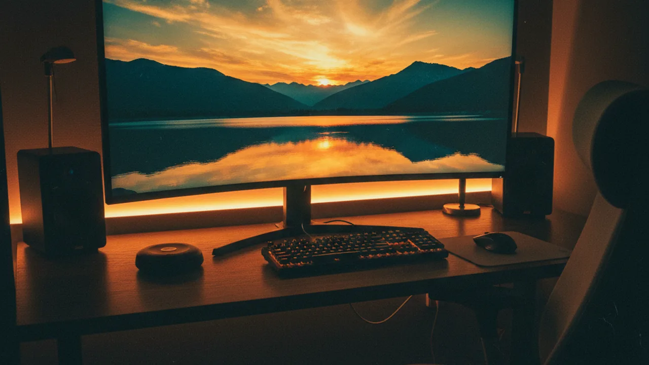 Sunset landscape with warm color grading displayed on editing monitor in professional studio