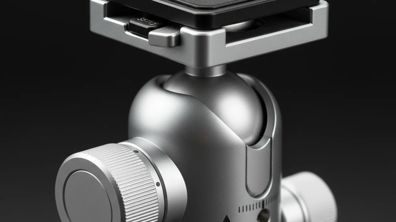 Close-up of camera tripod ball head with Arca-Swiss quick release plate