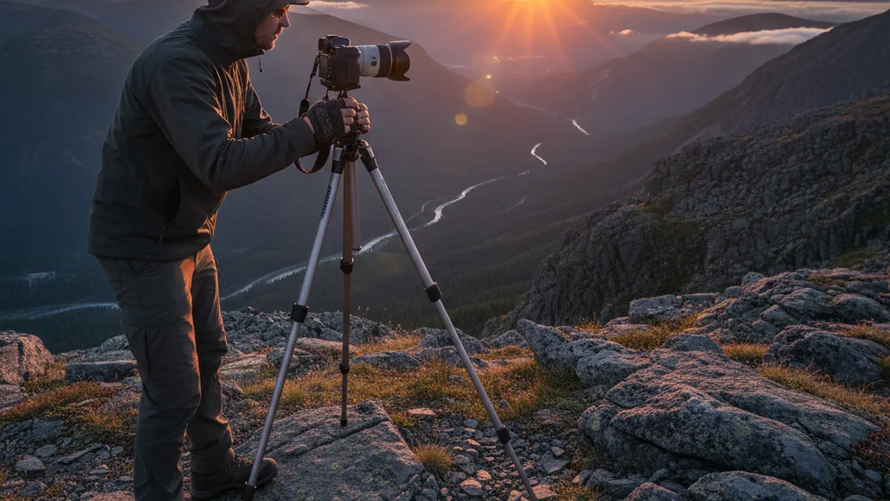 Photographer using tripod for landscape photography at golden hour on mountain overlook