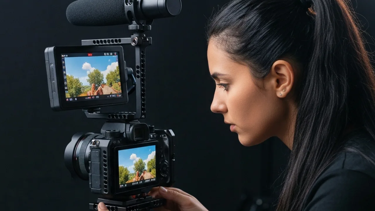 Videographer reviewing footage on external monitor with rigged mirrorless camera